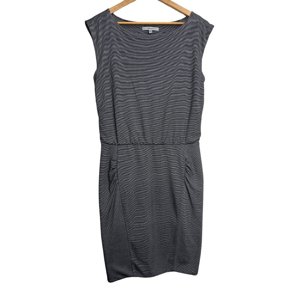 Athleta Westwood Dress Womens Size M Micro Striped Gray Black Ruched Blouson